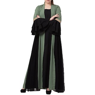 Designer abaya with attached Shrug and a belt- Jade Green-Black